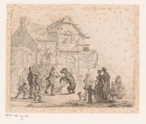 Dansende beer met begeleider voor een herberg, op de voorgrond ook een aap door Pierre Jean Baptiste Leroy