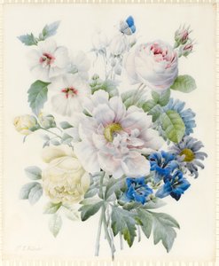 Een bos bloemen inclusief een pioenroos, rozen, hibiscus, asters, gentiaan en een denkbeeldige blauwe vlinder
