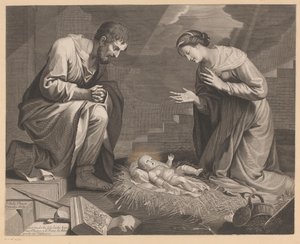 Maria en Jozef in aanbidding voor het Christuskind door Pierre Landry