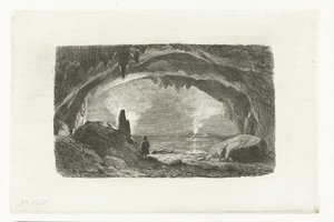 Man met roeiboot in de grotten van Han