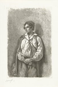 Portret van een onbekende jonge man met muts en cape door Pierre Louis Dubourcq