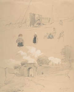 Studieblad met figuren en landschappen bij Arnemuiden nabij Middelburg, midden 19e eeuw door Pierre Louis Dubourcq