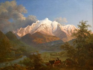 Uitzicht op de Mont-Blanc vanuit Sallanches bij schemering door Pierre Louis de La Rive