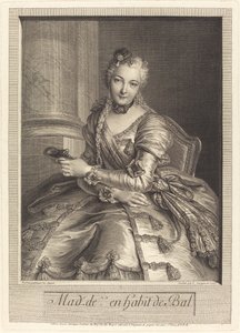 Mevrouw de M ... in Baljurk door Pierre Louis de Surugue after Charles Antoine Coypel