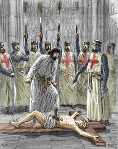 Ketterij van de Tempeliers: voorstelling van een ceremonie van toetreding van een ridder tot de orde van de tempel, waarbij de Tempelier, volgens de bekentenissen gepubliceerd na hun arrestatie en proces in 1307, gedwongen werd Christus te verloochenen en 
