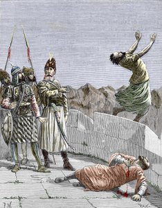 Ismaili-sekte van het oosten of moordenaars opgericht door Hassan ibn al-Sabbah (1036-1124), bekend als de oude man van de Berg, die twee van zijn fanatieke volgelingen opdracht gaf zichzelf te doden, Alamut, Perzië, rond 1096 (Nizari Ismailisme: voorstell