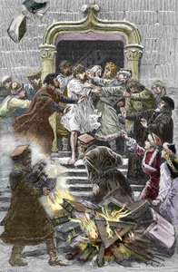 Socinianisme en Kleine Poolse Kerk: de inwoners van Krakau verbranden de werken van Faustus Socinus op het openbare plein en dwingen hem aanwezig te zijn bij de autodafe in 1598 door Pierre Mejanel