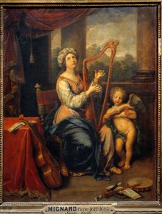 Sint Cecilia zingt de lof van de Heer. De heilige speelt harp en is omringd door instrumenten. Schilderij door Pierre Mignard (1612-1695) 1691 Parijs, Musée du Louvre