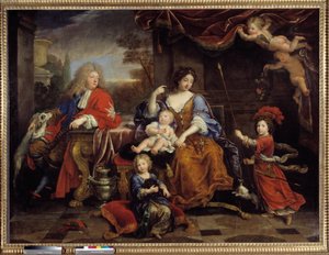 De familie van Lodewijk van Frankrijk (1661-1711) zoon van Lodewijk XIV (1638-1715), bekend als de Grote Dauphin, in 1687 met zijn vrouw Marie Anne Christine de Baviere en hun kinderen Louis, Philippe (die Filips V van Spanje werd) en Char