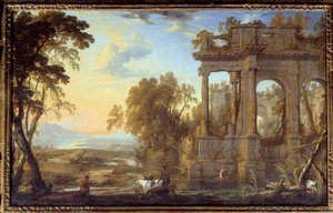 Landschap met ruïnes en herders
