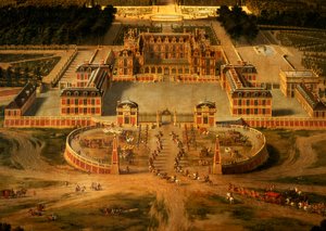 Uitzicht op het Kasteel, de Tuinen en het Park van Versailles vanaf de Avenue de Paris, detail van het Kasteel door Pierre Patel