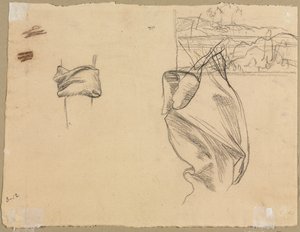 Studies van draperie en studie van een landschap (verso)