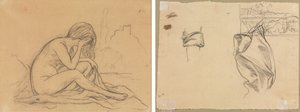 Studie van een vrouwelijk naakt (mogelijk voor een ongerealiseerd allegorisch schilderij) (recto); Studies van draperie en studie van een landschap (verso) door Pierre Puvis de Chavannes