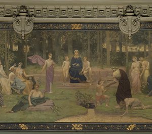 Het Heilige Woud, muurschildering in het Grote Amfitheater met allegorische figuren van de Sorbonne, Welsprekendheid, Poëzie, Filosofie, Geschiedenis, Botanie, Geologie, Fysica en Meetkunde (detail)