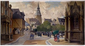 De kalvermarkt op Place St Sauveur, Dinan door Pierre Raighasse
