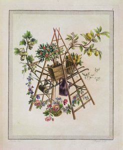 Een tuin textielontwerp, uit Oeuvre contenant un Receuil de Trophees, Attributs, Cartouches, Vases, Fleurs, Ornemens, et Plusieurs Dessins agréables pour broder des Fauteuils, gegraveerd door Etienne C