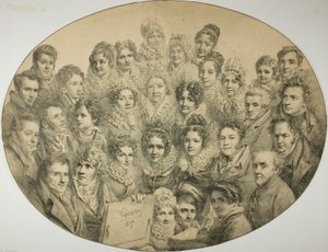 Portretten van 31 mensen in een ovaal