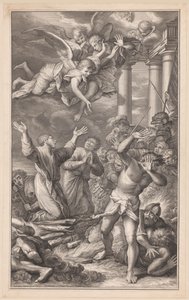 Cosmas en Damianus op de brandstapel, omgeven door soldaten en engelen