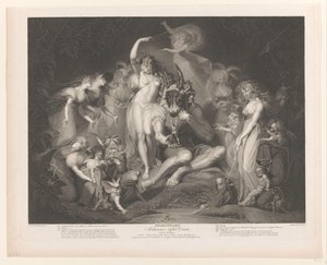 Titania en Bottom omringd door figuren