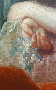 Hand van een jonge vrouw die een bloeiende tak vasthoudt. Detail van Portret van Madame Poulhariex en haar dochter, rond 1728 door Pierre Subleyras