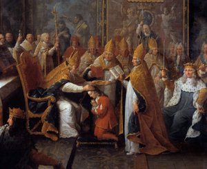 De kroning van Lodewijk XV, koning Lodewijk XV (1710-1774) werd gekroond en gewijd op 25/10/1722 in de kathedraal van Reims door de aartsbisschop van Reims in aanwezigheid van de regent, de hertog van Orléans (1674-1723) en een grote menigte. Detail van sc