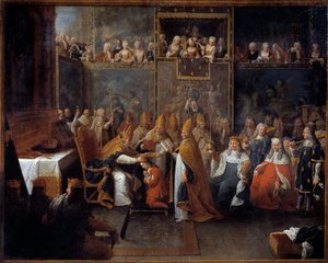 De kroning van Lodewijk XV. Koning Lodewijk XV (1710-1774) werd gekroond en gewijd op 25/10/1722 in de kathedraal van Reims door de aartsbisschop van Reims in aanwezigheid van de regent, de hertog van Orléans (1674-1723) en een grote menigte. Schilderij do