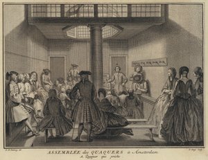 Man die preekt op een bijeenkomst van Quakers in Amsterdam, Nederland