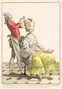 Een jonge vrouw in een peignoir met haar kapper, plaat 31 uit 