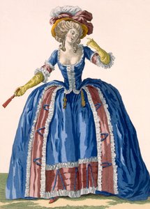 Engelse stijl hoepeljurk in elektrisch blauw met bordeauxrode ruches, gegraveerd door Bacquoy, plaat nr.182 uit 