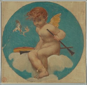 Studie voor rondel met putto die muziekattributen vasthoudt