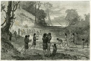 Speerwerpen tussen 2 stammen van Zaparros, mannen oefenen en vrouwen rijden rond de spelers zonder angst en serveren hen drankjes. Gravure ter illustratie van het verhaal 