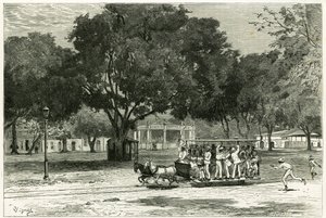 Tram, getrokken door paarden, in de haven van Para (Brazilië), op het Largo van Nazareth. Gravure door Vignal, ter illustratie van het verhaal 