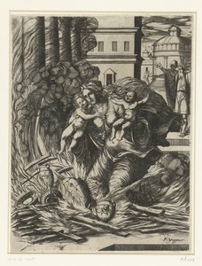 De vrouw van Asdrubal stort zich in de brandende tempel door Pierre Woeiriot (II)