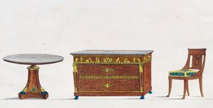 Mahoniehouten tafel, ladekast en stoel, plaat 241, illustratie uit Collection de meubles et objects de gout (Collectie van meubels en smaakvolle objecten) door Pierre de La Mesangere