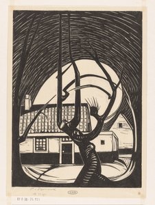 Wilg voor een huis door Piet Egmond (signed by artist)