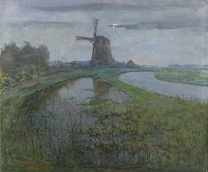 Oostzijdse molen langs de rivier door Piet Mondrian