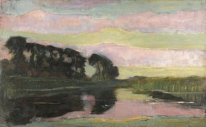 Rivierlandschap met roze en geelgroene lucht, ca. 1907-1908