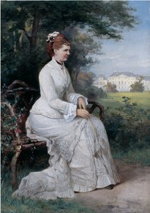 Portret van Prinses Emma van Waldeck-Pyrmont zittend op een Bank in het Park van Paleis Het Loo door Piet Schipperus