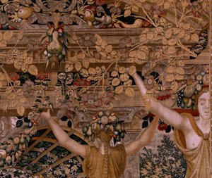 Vlaams wandtapijt. Serie Vertumnus en Pomona. Vertumnus veranderd in een boer door Pieter (circle of) Coecke van Aelst