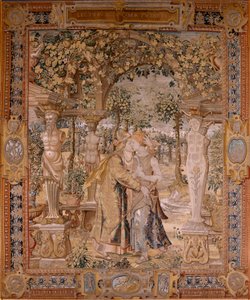Vlaams wandtapijt. Serie Vertumnus en Pomona. Vertumnus kust Pomona. Zevende wandtapijt in de serie. Model Kring van Pieter Coecke van Aelst. Manufacture Wilhelm Pannemaker, Brussel. Ca 1545-1550. Stof Goud, zilver, zijde en wol. Grootte 430 x 365 cm.