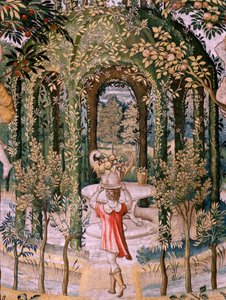 Vlaamse wandtapijt. Serie Vertumnus en Pomona; Vertumnus getransformeerd in een tuinman (Vertumno transformado en jardinero). Vijfde wandtapijt in de serie. Model Kring van Pieter Coecke Van Aelst en Léonard Thiry. Fabriek Onbekende werkplaats, Brussel, vo door Pieter (circle of) Coecke van Aelst