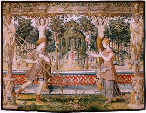 Vlaams wandtapijt. Serie Vertumnus en Pomona; Vertumnus veranderd in een tuinman. Vijfde wandtapijt in de serie. Model Kring van Pieter Coecke Van Aelst en Léonard Thiry. Manufacture Onbekende werkplaats, Brussel, voor door Pieter (circle of) Coecke van Aelst