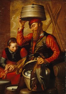 De verkoper van gevogelte. Een boerenpaar in traditionele kleding bereidt hun manden met eieren en goederen voor de markt voor. Schilderij van Pieter Aertsen (1508-1575) door Pieter Aertsen