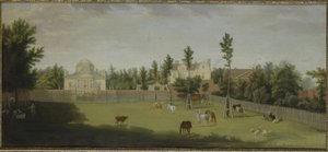Uitzicht op de nieuwe villa, het oude huis en de stallen vanaf Burlington Lane, Chiswick Villa door Pieter Andreas Rysbrack