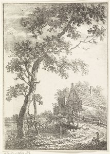 Landschap met boom, brug en huis door Pieter Bartholomeusz. Barbiers