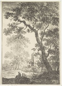 Landschap met ruïne en zittende figuur