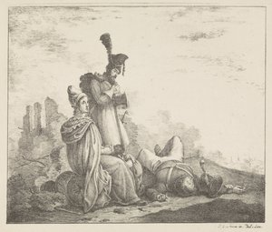 Treurend gezelschap bij dode soldaat door Pieter Bartholomeusz. Barbiers