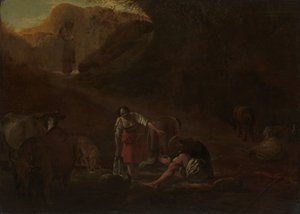 Een herder en wasvrouwen bij een bron door Pieter Bodding van Laer