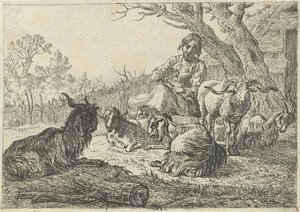 Herderin te midden van geiten en schapen door Pieter Bodding van Laer