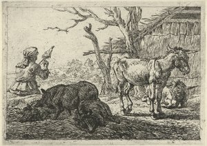 Spinnende vrouw, zwijnen en ezels door Pieter Bodding van Laer